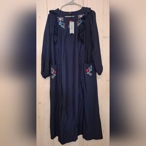 Vonda Navy Blue Embroidered 95% Polyester Maxi Dress Size Small